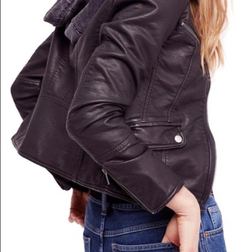 MONROE HOODED FAUX LEATHER MOTO JACKET IN BLACK  | vegan leather Free People NEW